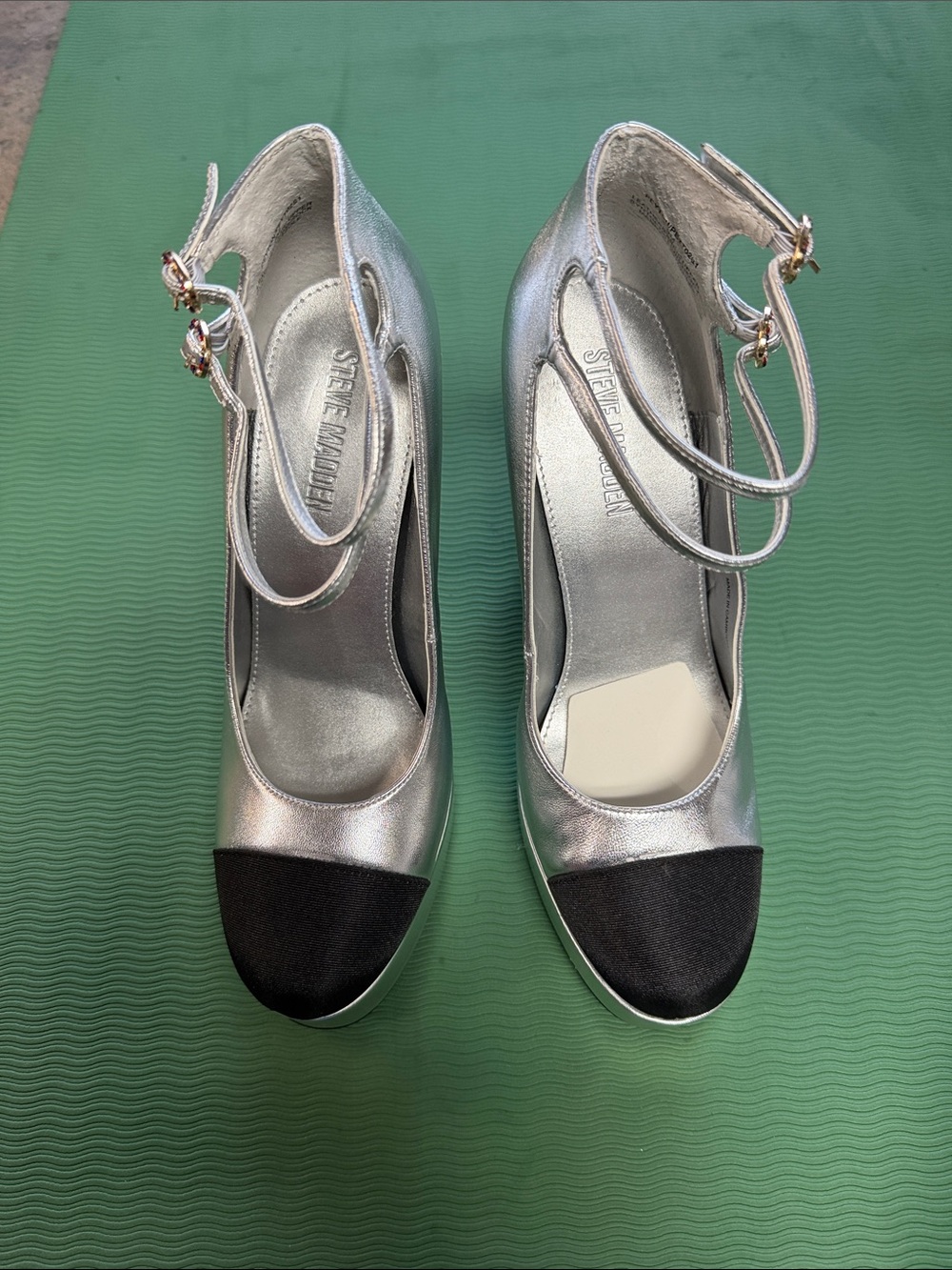 Steve Madden Silver Pumps with Black Cap Toe and Double Ankle Straps